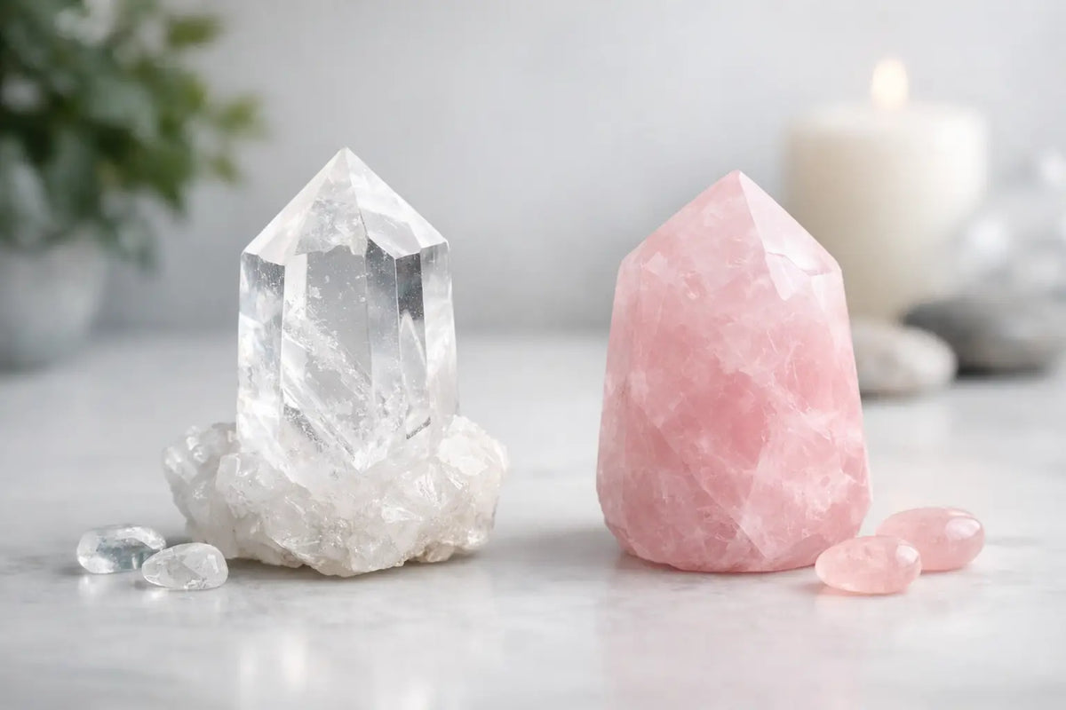 Bergkristall und Rosenquarz nebeneinander – Vergleich zweier Kristalle zum Kaufen