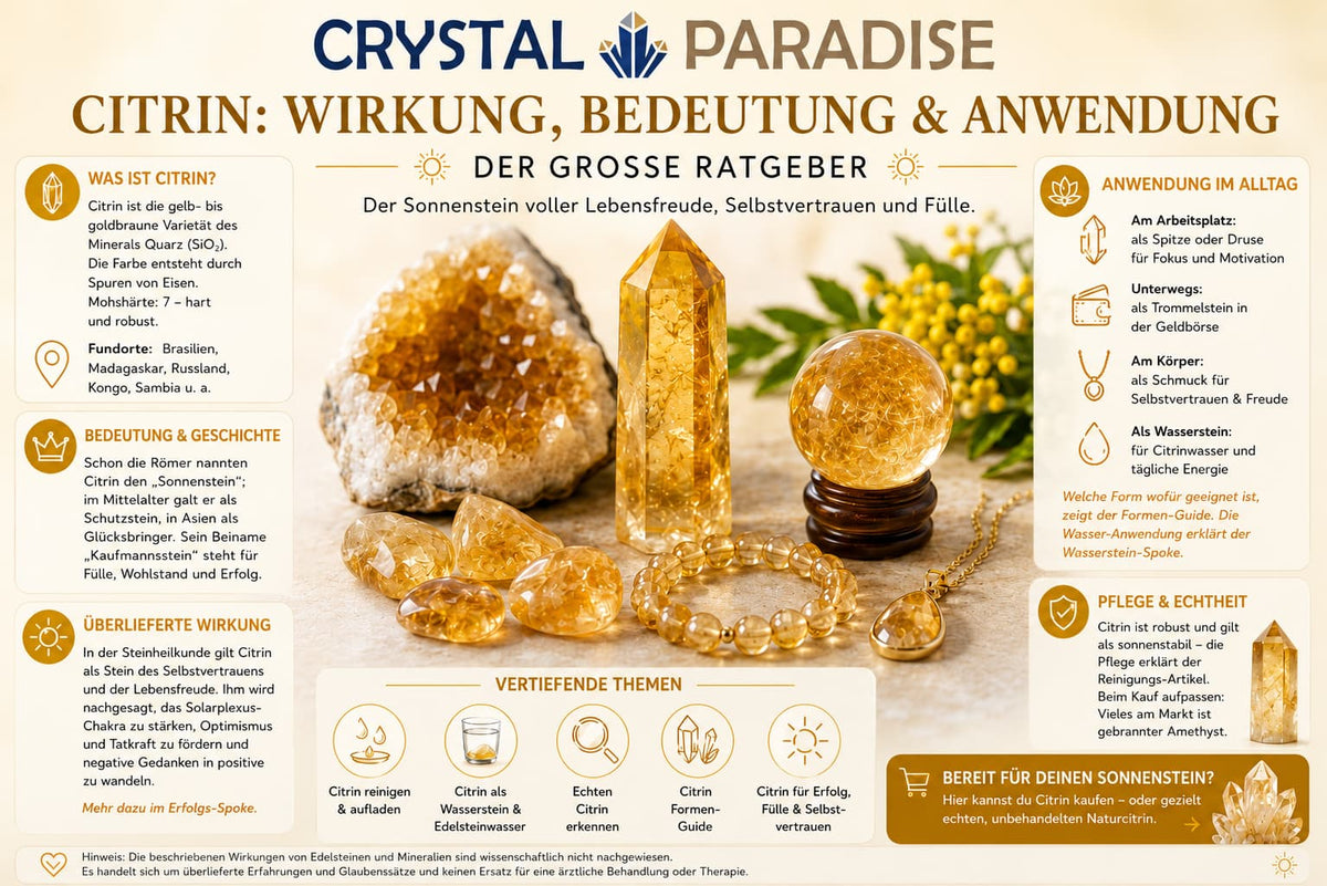 Gelber Citrin-Kristall poliert, strahlend goldgelbe Farbe – Citrin Wirkung und Bedeutung im Überblick
