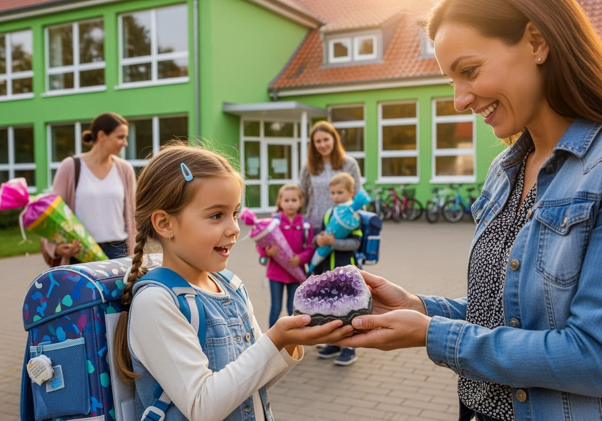 Bunte polierte Heilsteine auf Schulheft und Bleistiften – Begleiter zum Heilsteine Schulbeginn