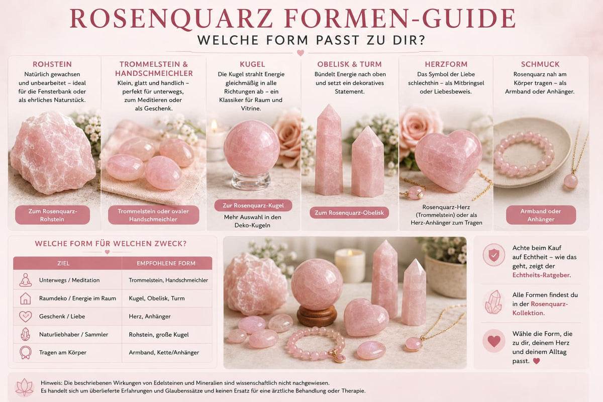 Polierte Rosenquarz Formen: Kugel, Obelisk und Herz in zartem Rosa nebeneinander