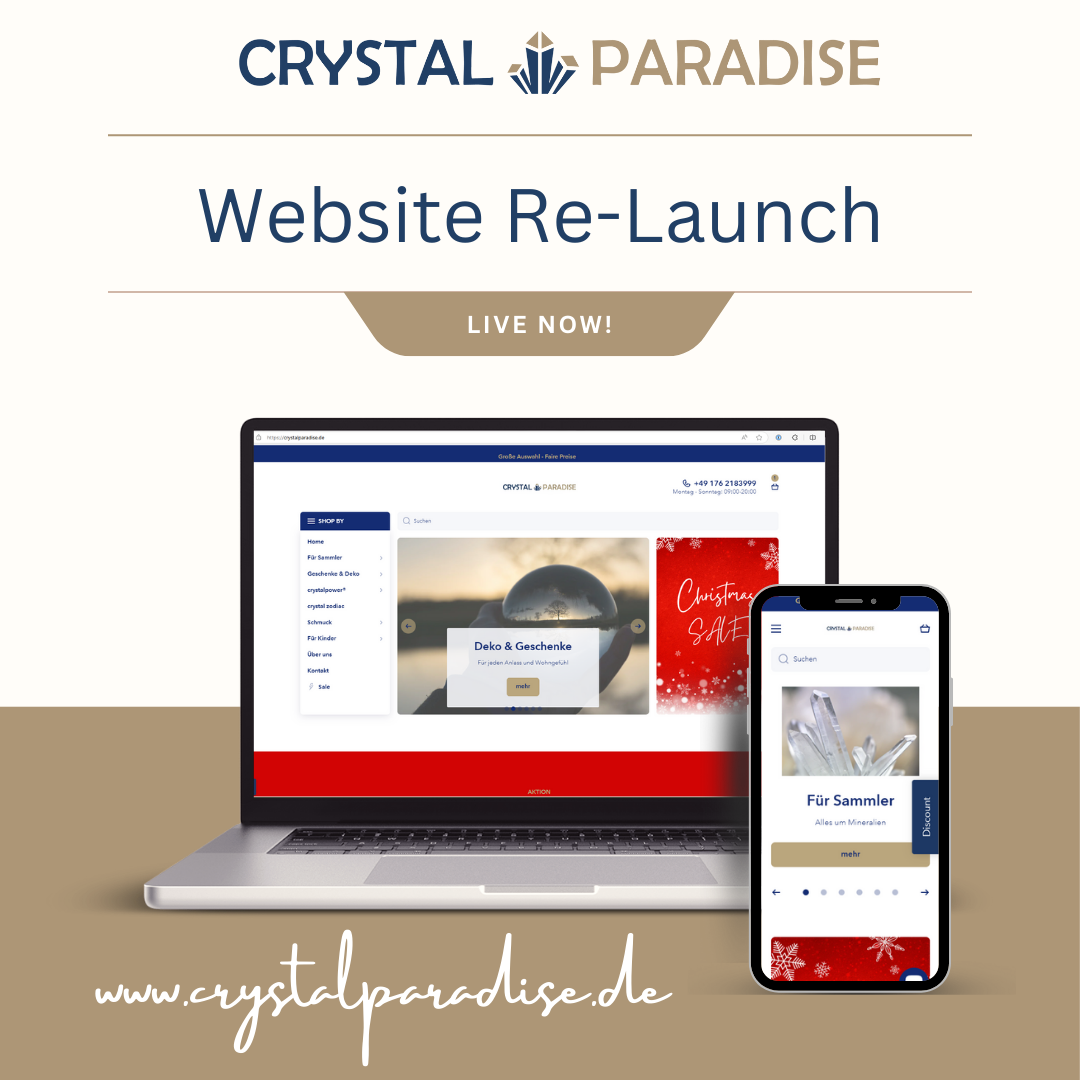 Crystal Paradise Webseite Re-Launch – bunte Mineralien Heilsteine auf hellem Hintergrund, neu gestalteter Shop