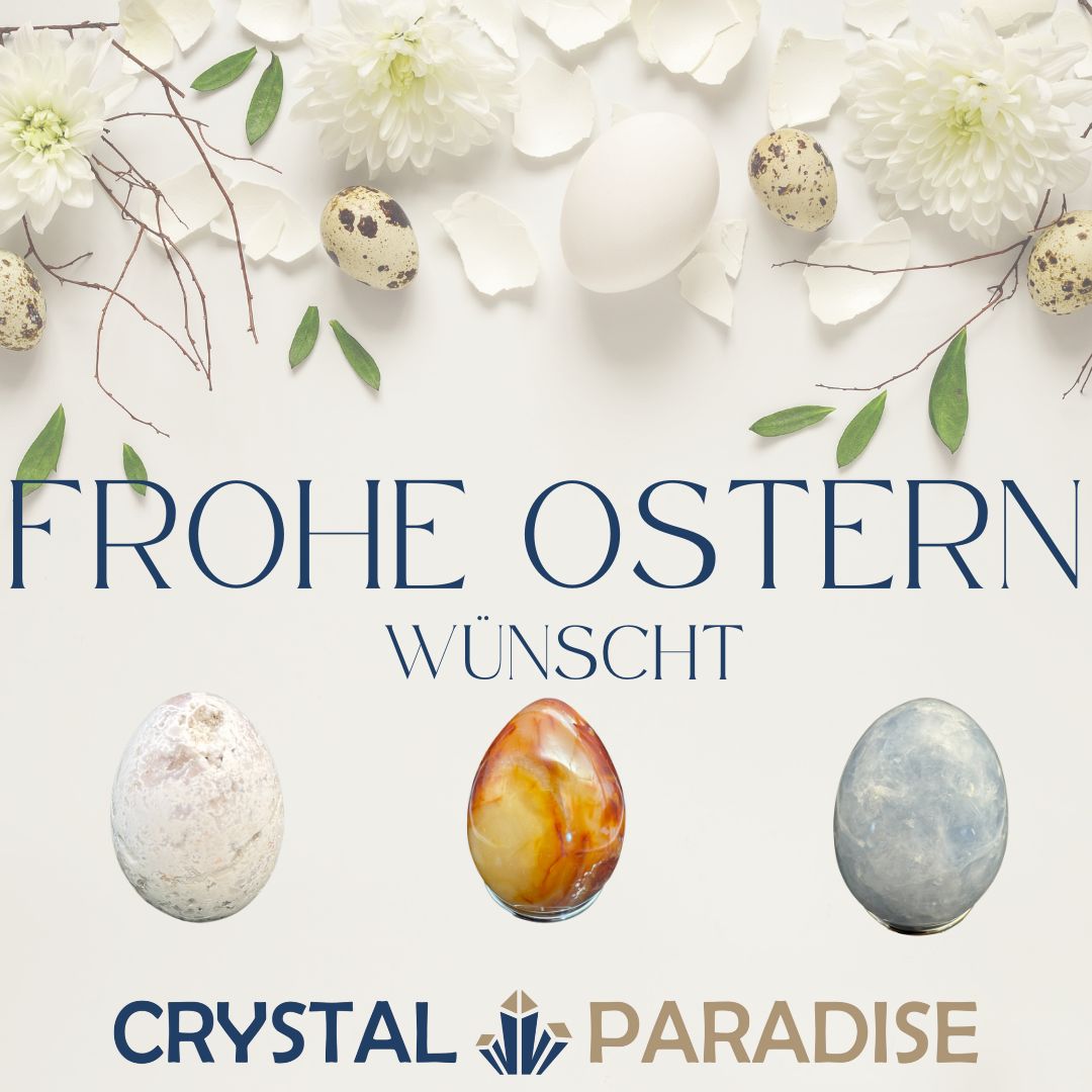 Frohe Ostern Kristall-Grußkarte mit bunten Edelsteinen und Frühlingsblüten in Pastellfarben