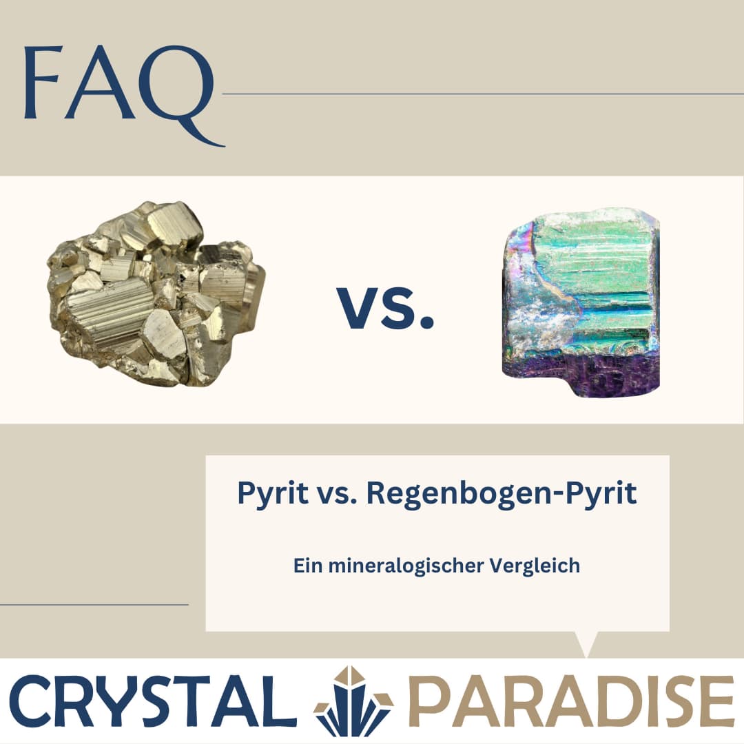 Pyrit und Regenbogen-Pyrit im Vergleich: metallisch-goldene Würfelkristalle neben irisierendem Exemplar