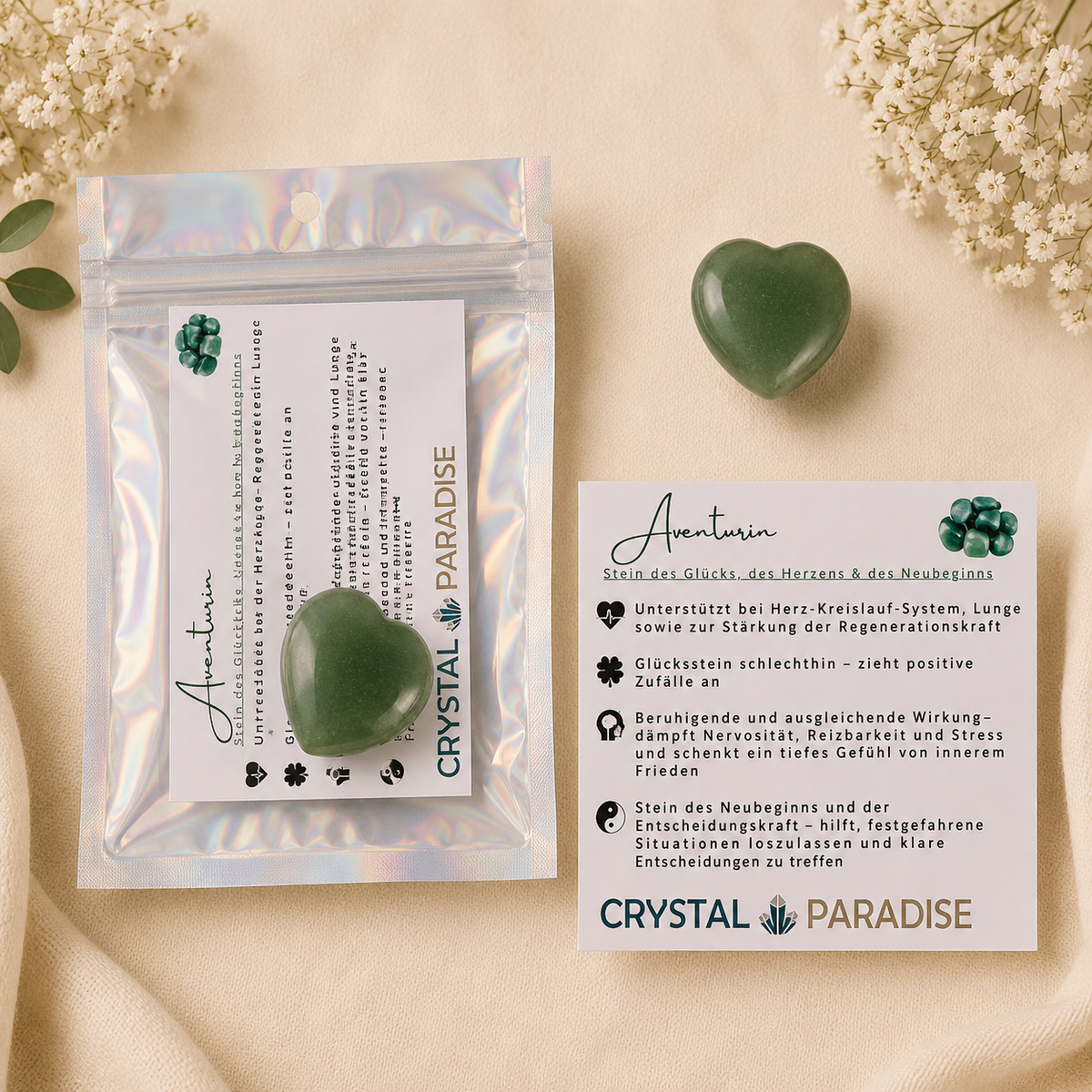 Edelstein-Herz Trommelstein Gastgeschenk Hochzeit mit Karte und Säckchen