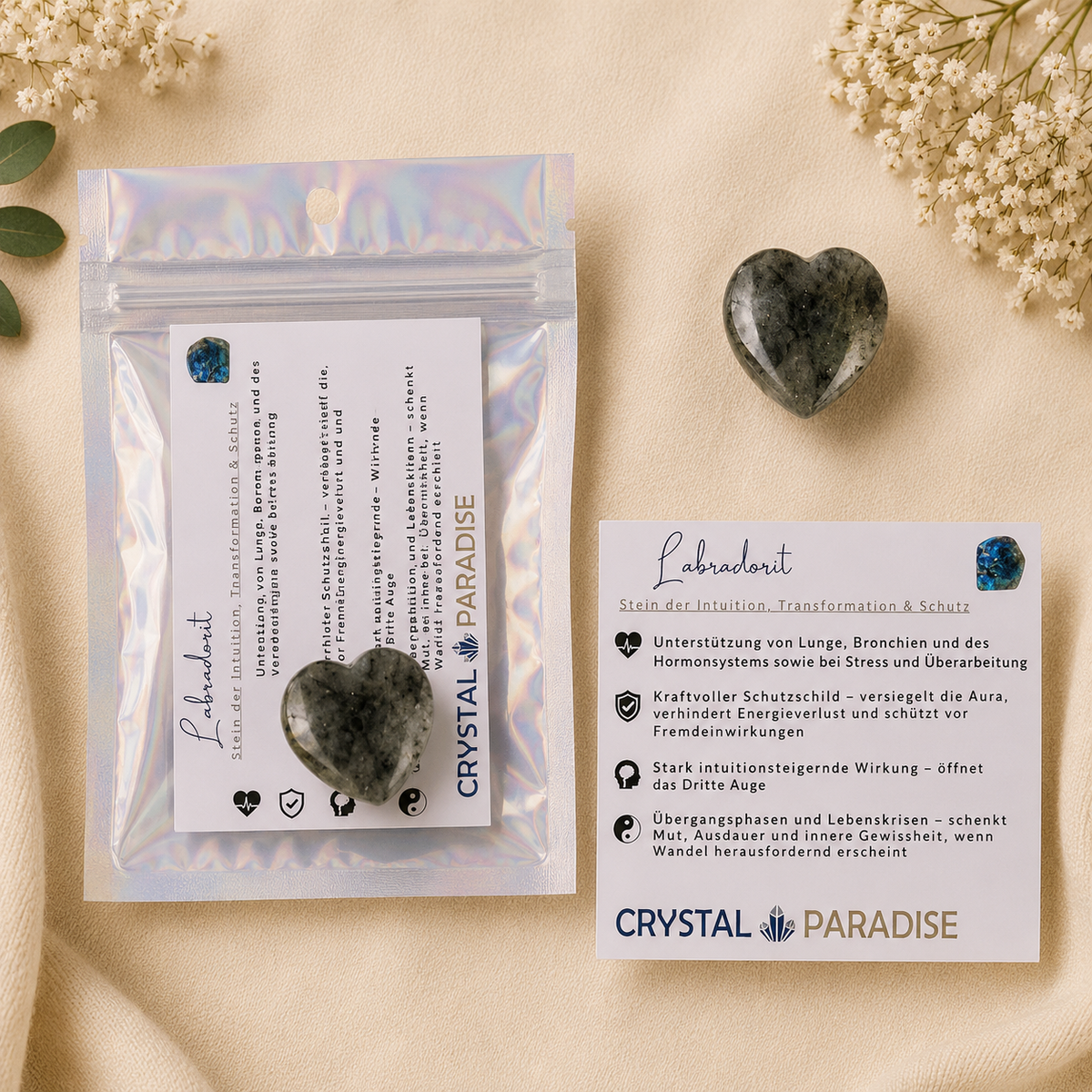 Edelstein-Herz Gastgeschenk Hochzeit Trommelstein mit Karte und Säckchen