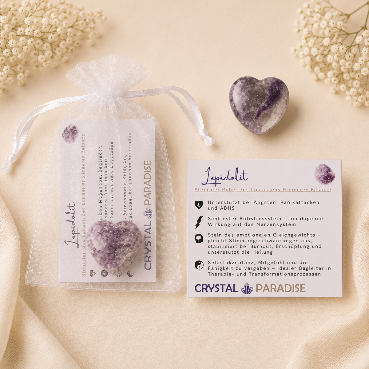 Edelstein-Herz Gastgeschenk Hochzeit Trommelstein mit Karte und Säckchen