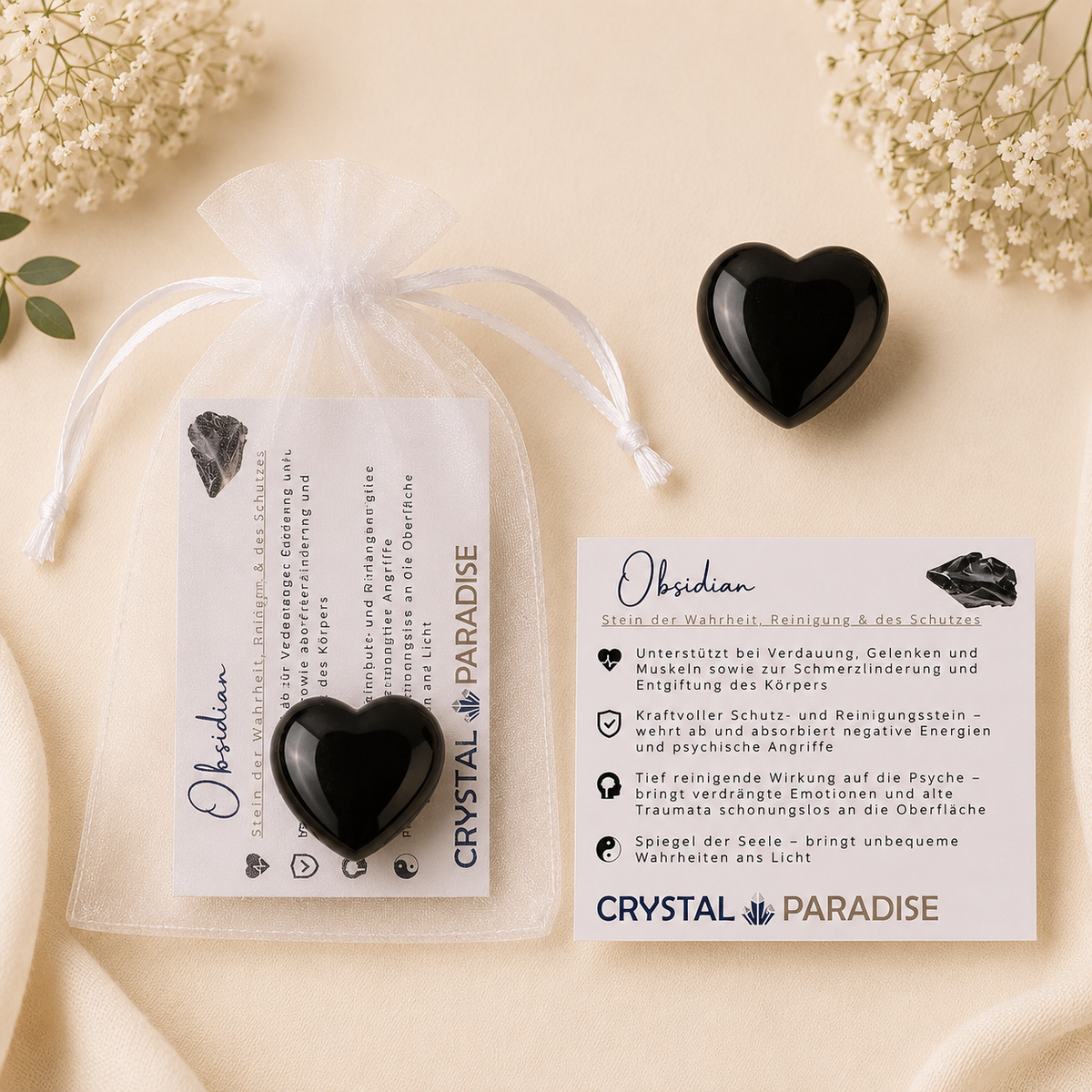 Edelstein-Herz Gastgeschenk Hochzeit mit Karte und Säckchen Trommelstein