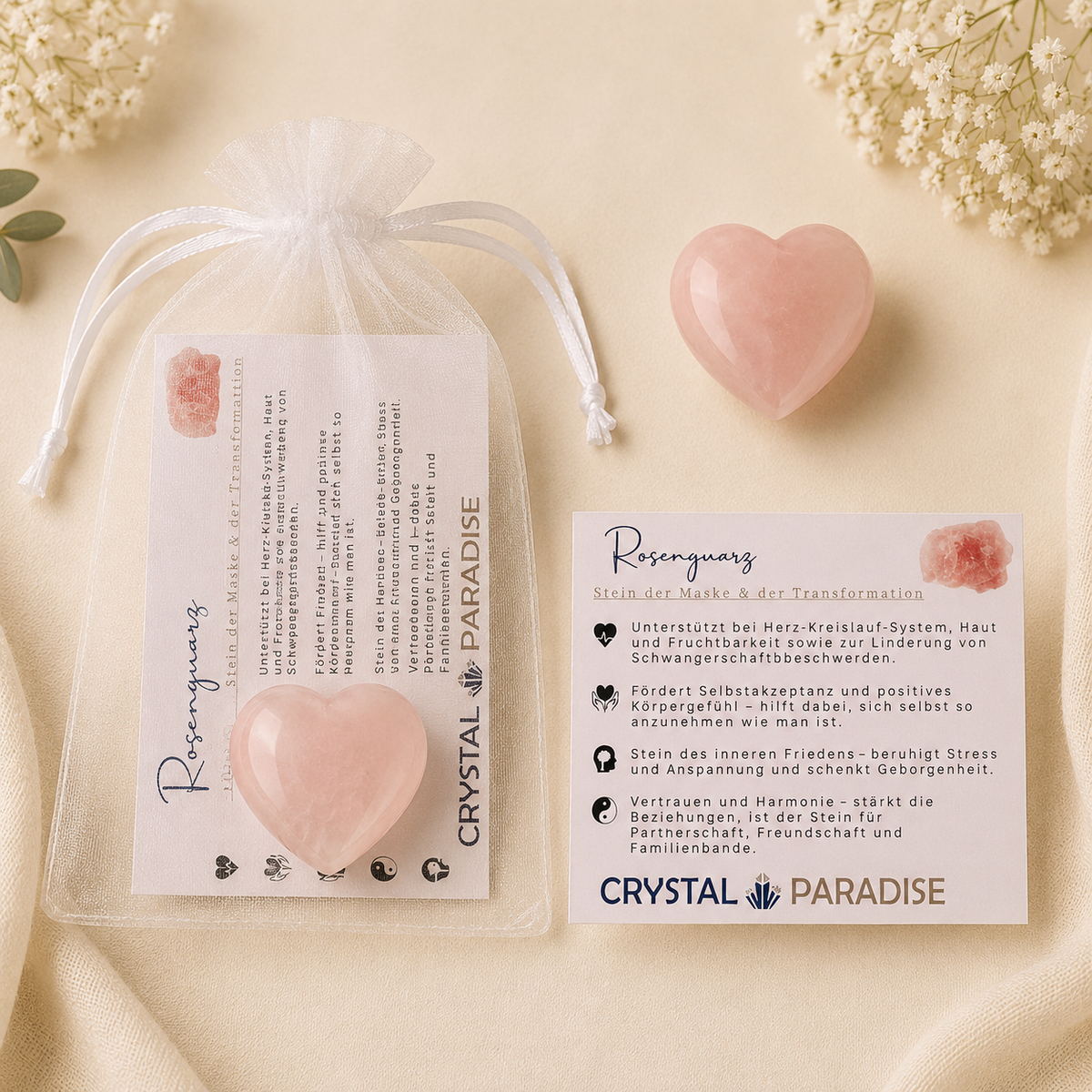 Edelstein-Herz Trommelstein Gastgeschenk Hochzeit mit Karte und Säckchen