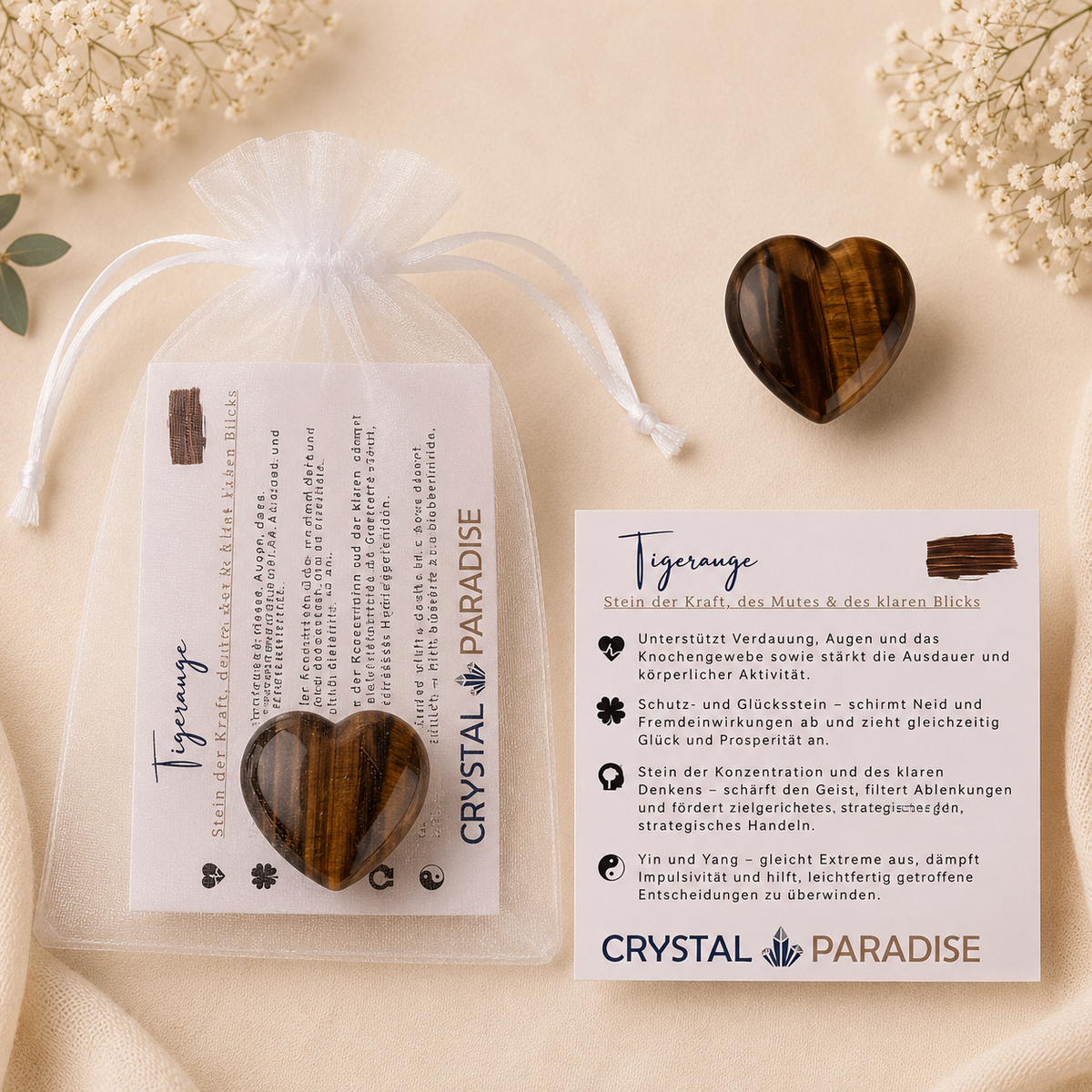 Edelstein-Herz Trommelstein Gastgeschenk Hochzeit mit Karte und Säckchen