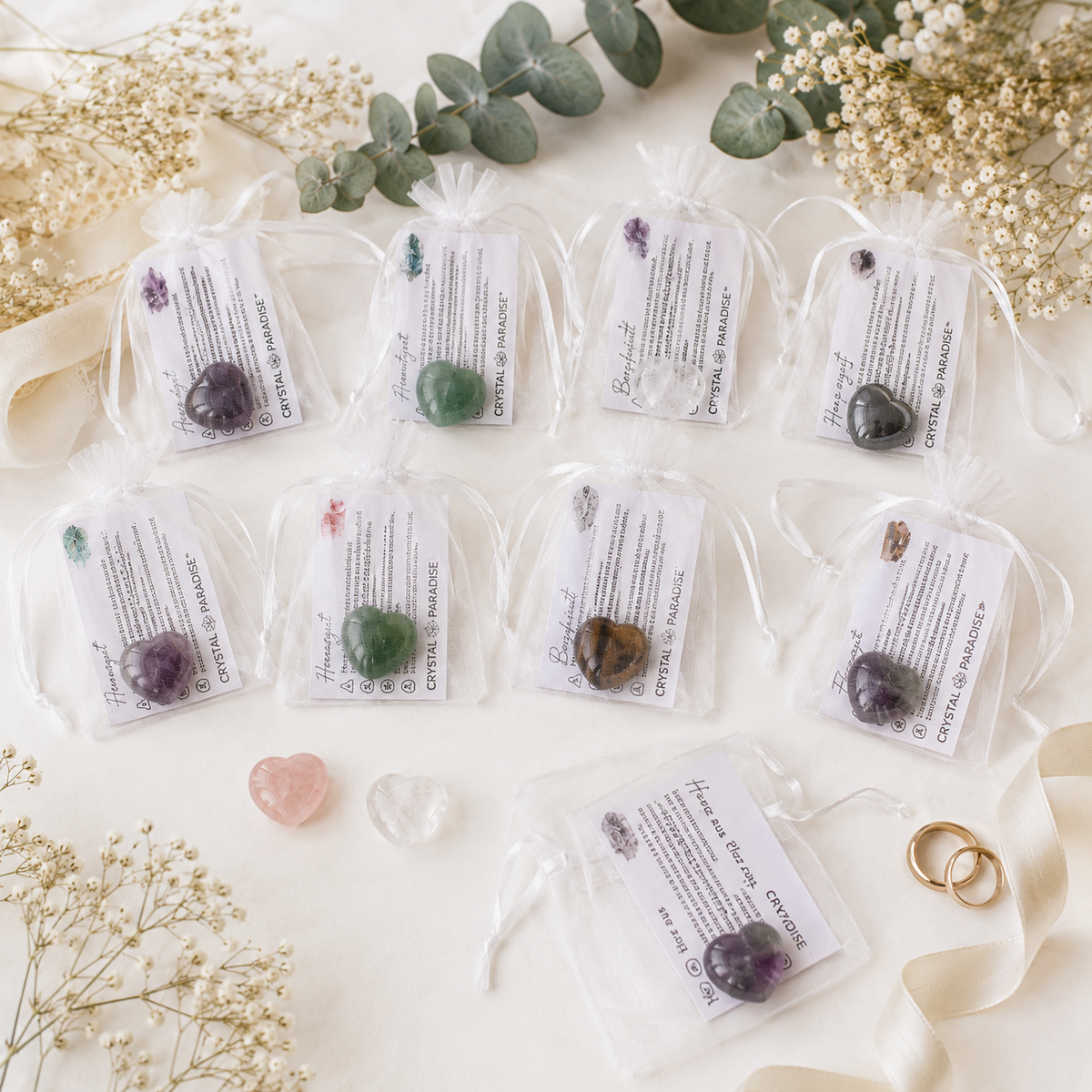 Poliertes Edelstein-Herz mit Geschenksäckchen und Karte als Gastgeschenk Hochzeit