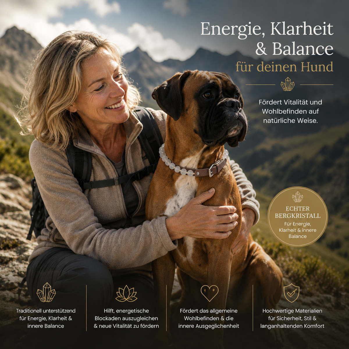 Bergkristall Hundehalsband crystalpower® mit Vitalität und Wohlbefinden