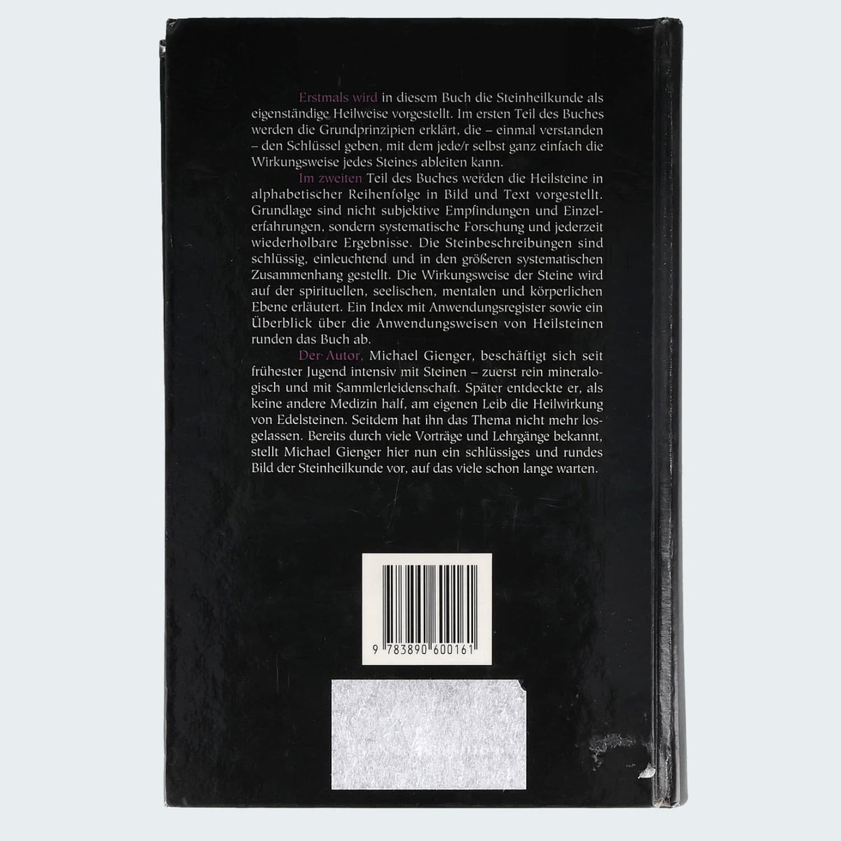 Die Steinheilkunde – Ein Handbuch – Rückseite mit Klappentext, Barcode und Aufkleberrest