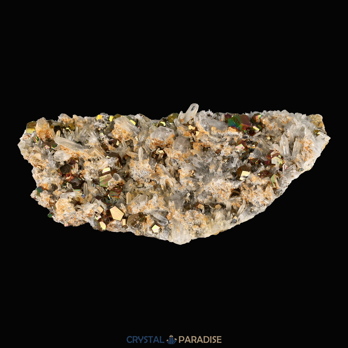 Regenbogen Pyrit an Bergkristall aus Indonesien (150g) - crystal paradise