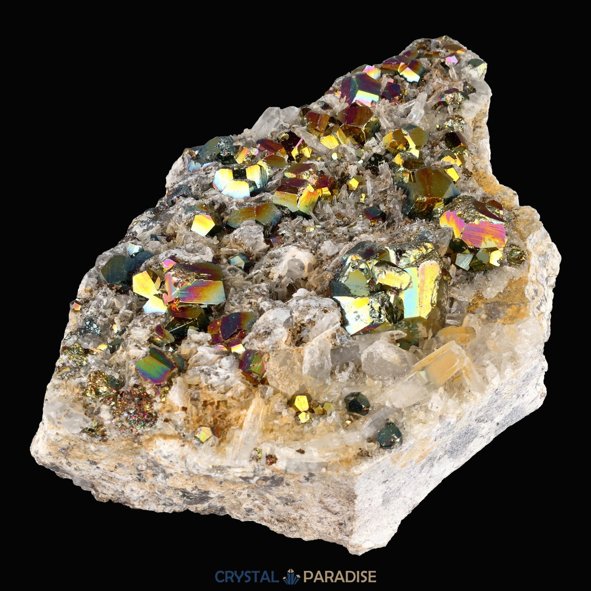 Regenbogen Pyrit an Bergkristall aus Indonesien (638g) - crystal paradise