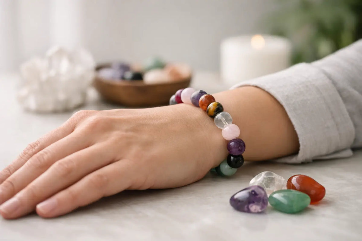 Bunte polierte Edelstein-Armbänder mit Heilsteinen in verschiedenen Farben, Heilstein Armband Bedeutung erklärt