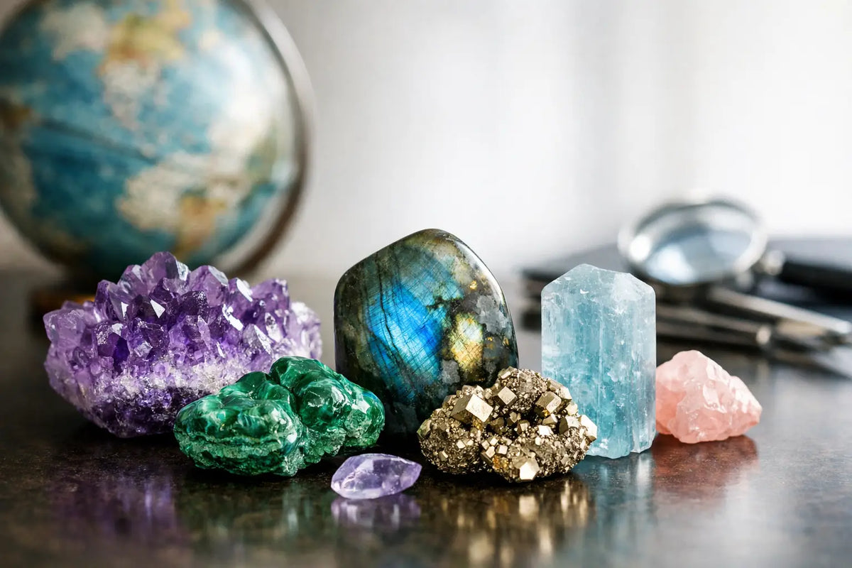 Bunte Mineralien und Kristalle aus aller Welt, poliert und roh, auf weißem Hintergrund