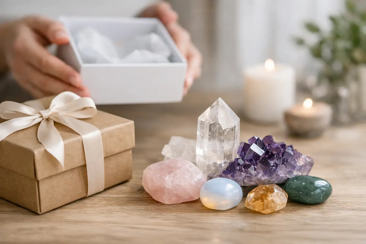 Bunte Kristalle und Edelsteine als Geschenk, liebevoll arrangiert auf hellem Hintergrund