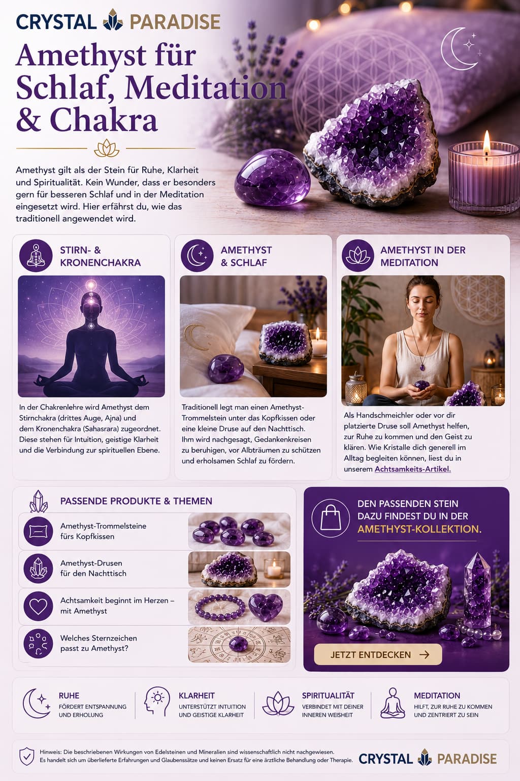 Violette Amethyst-Druse auf weißem Hintergrund – Amethyst für Schlaf, Meditation & Chakra