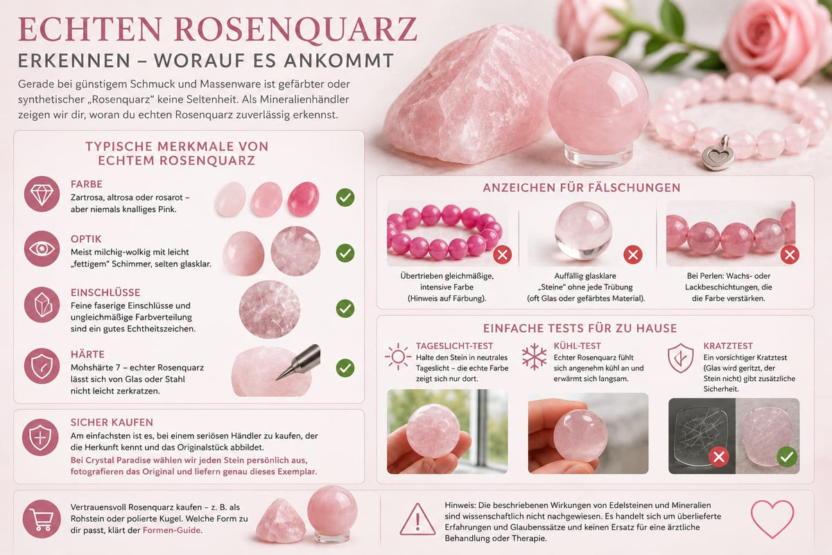 Polierter Rosenquarz in zartem Rosa – echter vs. gefälschter Stein, Rosenquarz erkennen leicht gemacht