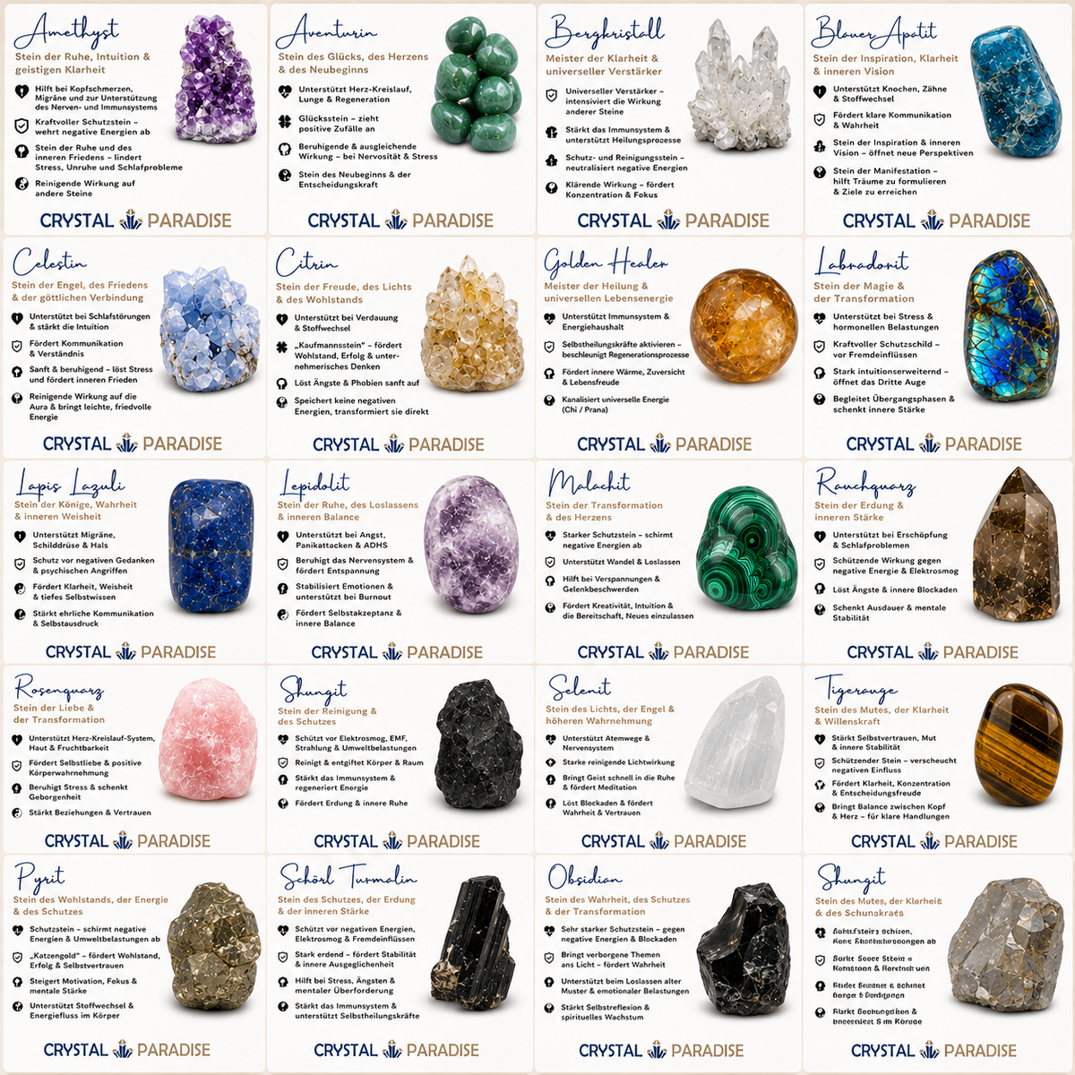 Mineralienkarten-Set mit bunten Sammelkarten für Kristalle und Steine, auf weißem Untergrund