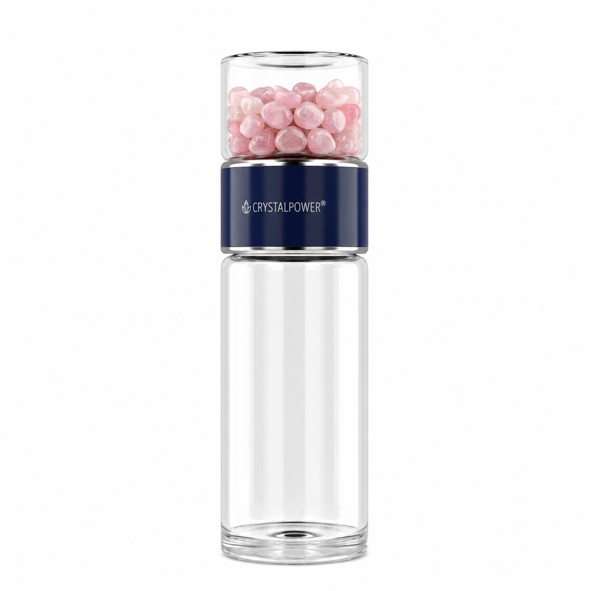 Rosenquarz Wasserflasche mit Kristall im täglichen Gebrauch