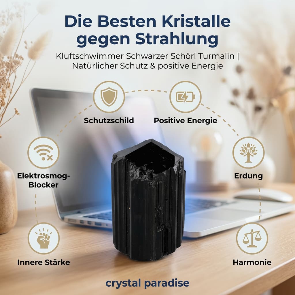 Schwarzer Turmalin roh am Schreibtisch, Kristalle gegen Strahlung im Büroalltag stilvoll einsetzen