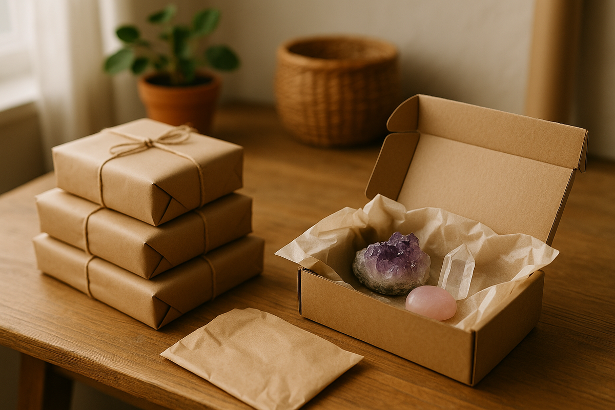 Fertig gepackte Pakete und Kristalle auf dem Packtisch – neue Versandtage bei Crystal Paradise