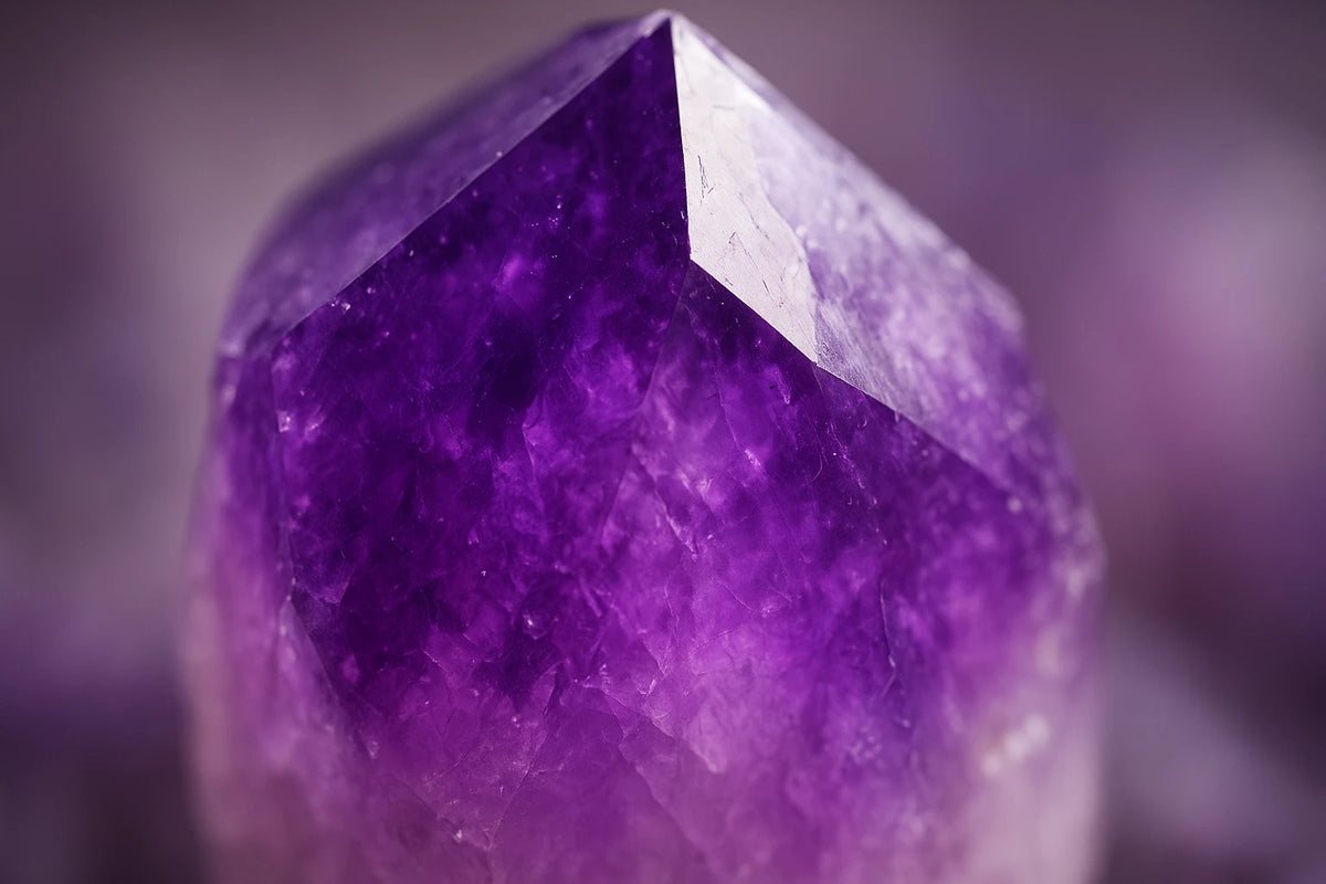 Mehrere polierte Heilsteine in Violett, Rosa und Weiß auf dunklem Holz – Kristalle für Spiritualität und innere Stille