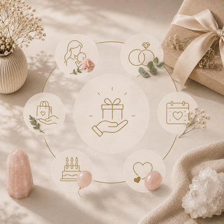 Geschenk mit Schleife, Kristallen und Symbolen für verschiedene Anlässe