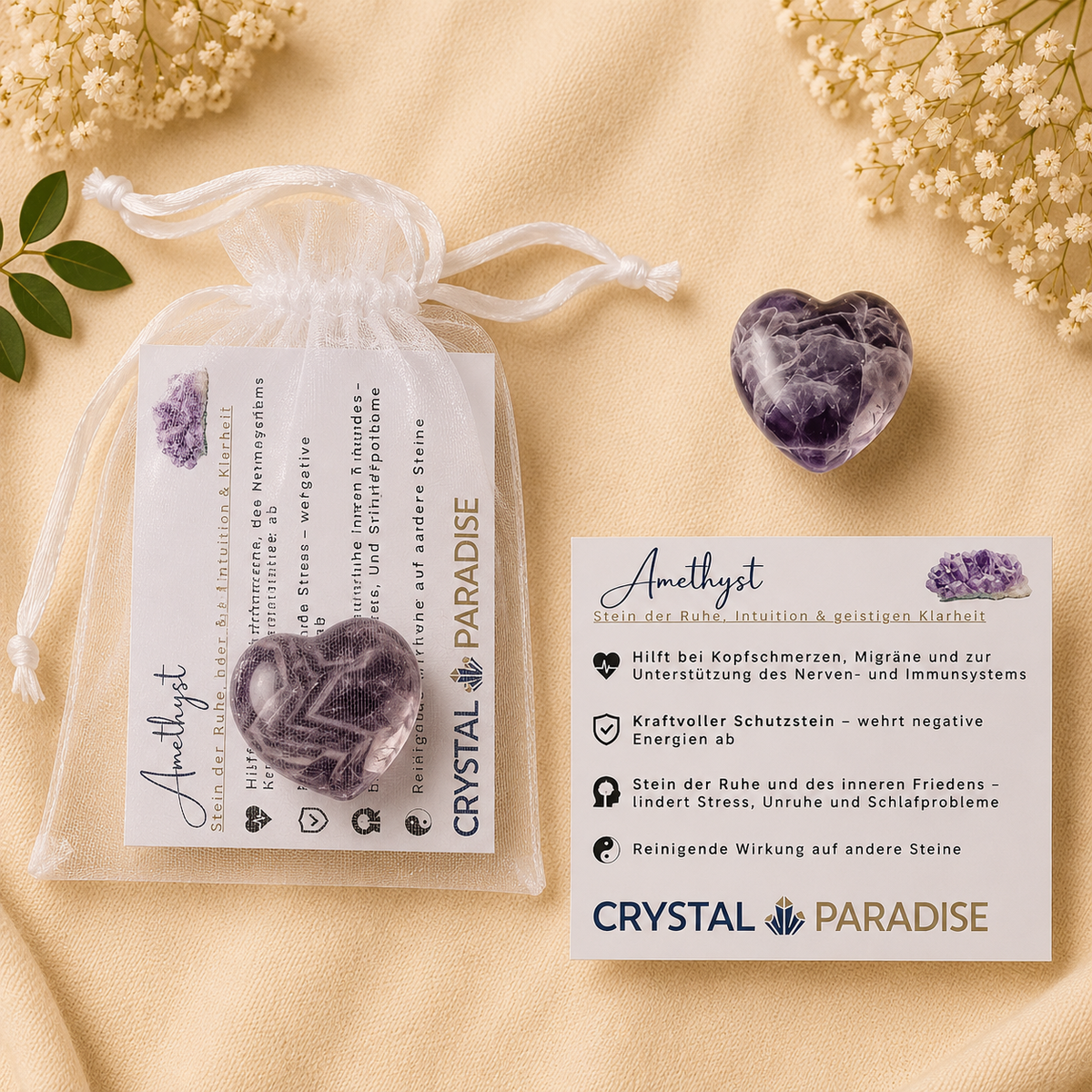 Edelstein-Herz Trommelstein Gastgeschenk Hochzeit mit Karte und Säckchen