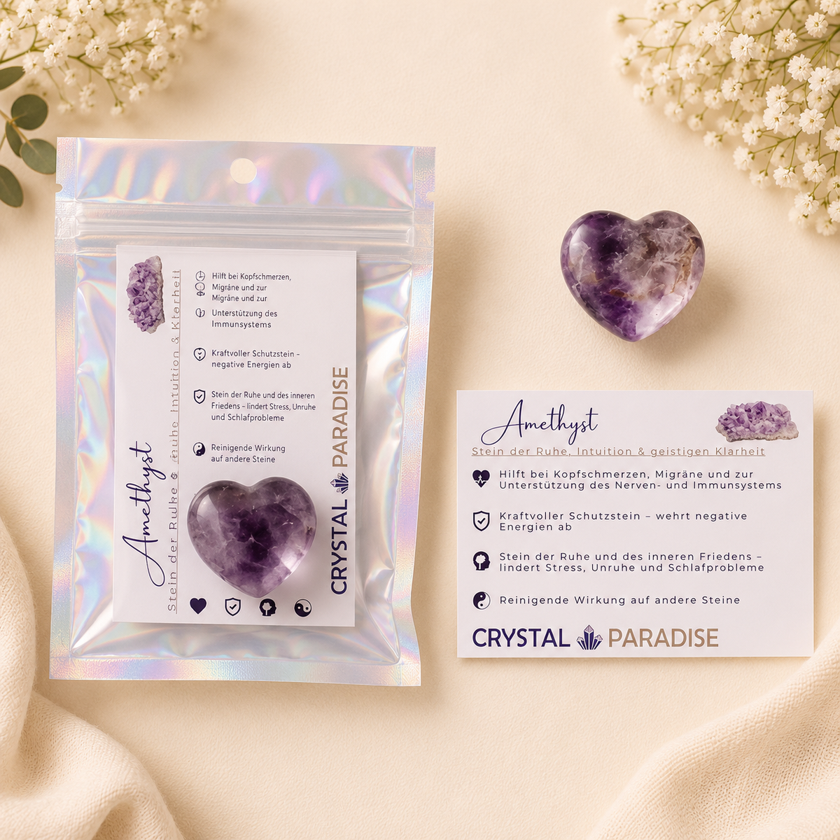 Edelstein-Herz Trommelstein Gastgeschenk Hochzeit mit Karte und Säckchen