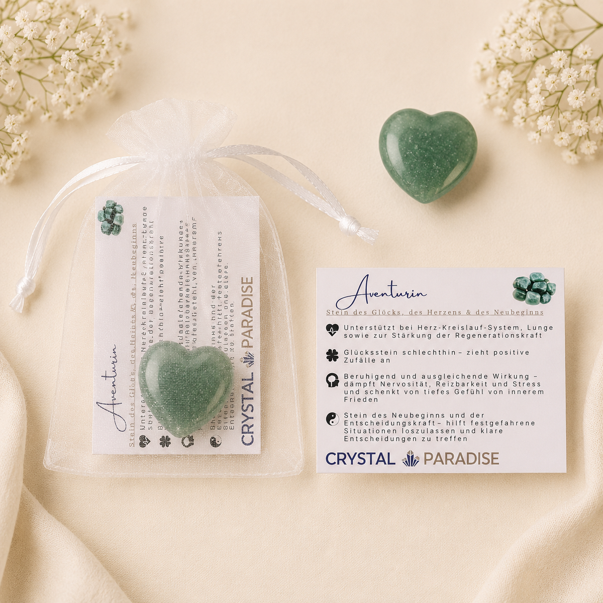 Edelstein-Herz Gastgeschenk Hochzeit mit Karte und Säckchen, Trommelstein