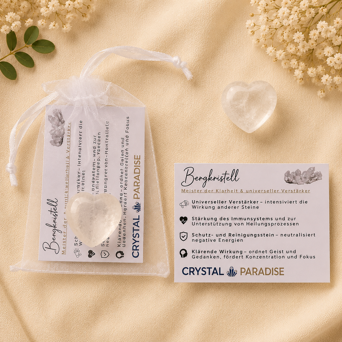 Edelstein-Herz Trommelstein Gastgeschenk Hochzeit mit Karte und Säckchen