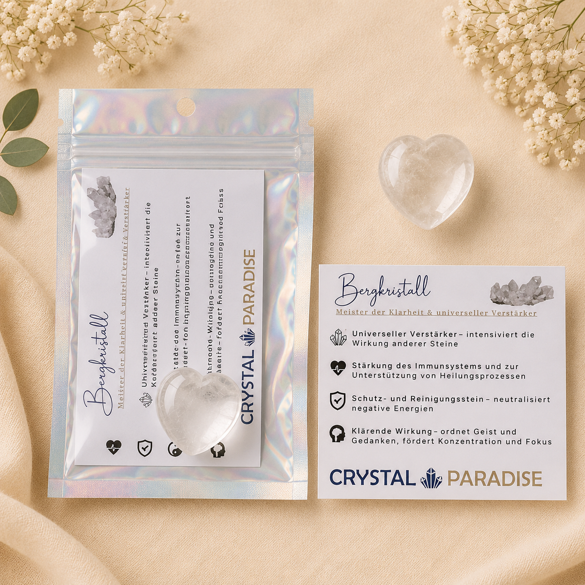 Edelstein-Herz Gastgeschenk Hochzeit mit Karte und Säckchen Trommelstein