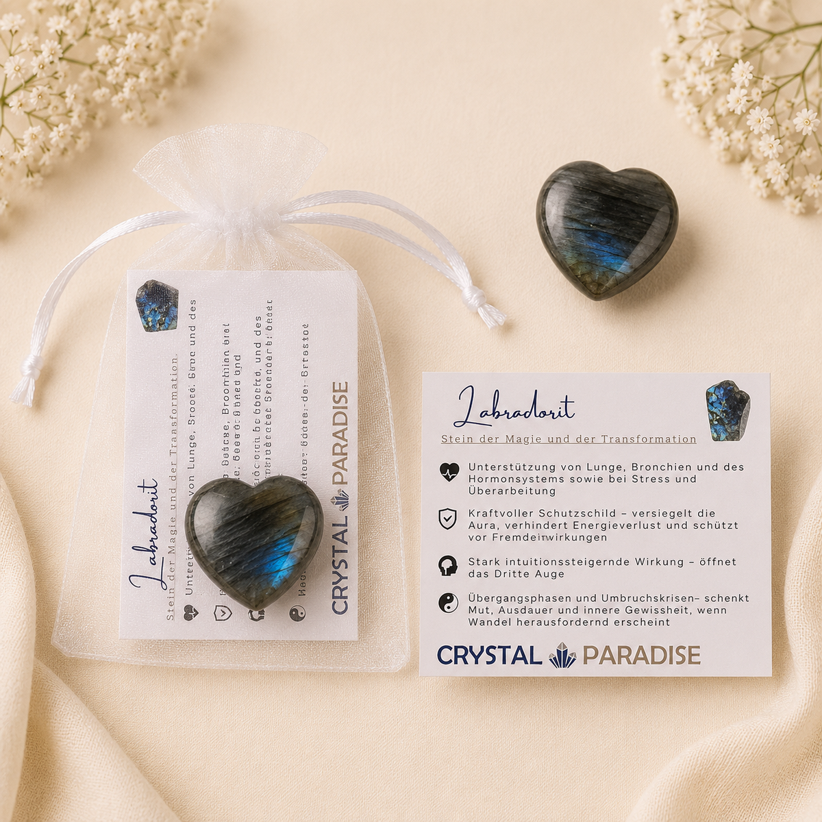 Edelstein-Herz Trommelstein Gastgeschenk Hochzeit mit Karte und Säckchen