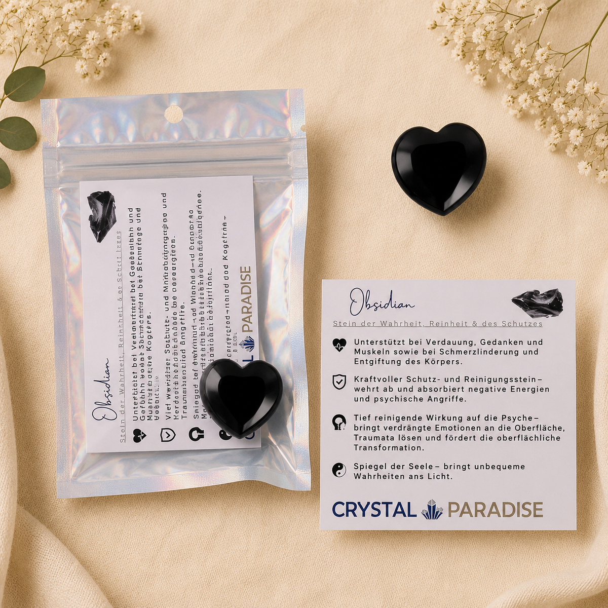 Edelstein-Herz Trommelstein Gastgeschenk Hochzeit mit Karte und Säckchen