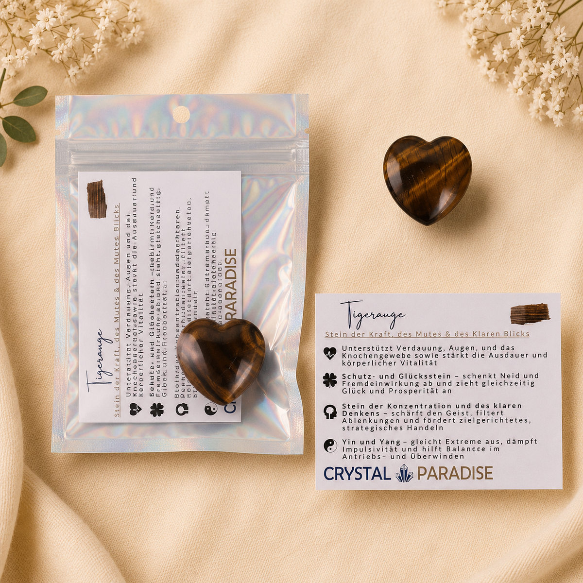 Edelstein-Herz Trommelstein Gastgeschenk Hochzeit mit Karte und Säckchen