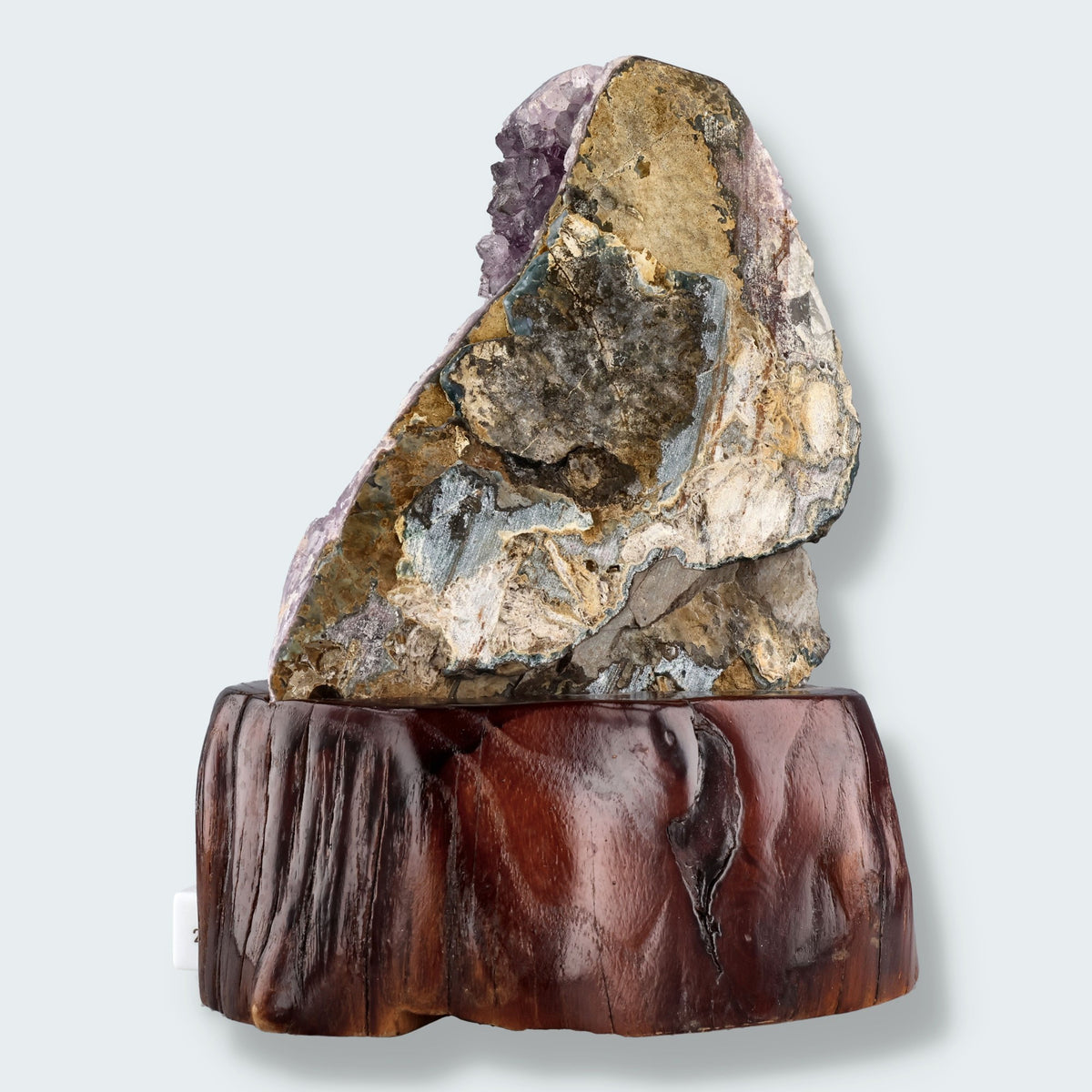 Amethyst Druse mit Calcit auf Holzständer (2531g) – Ansicht 4