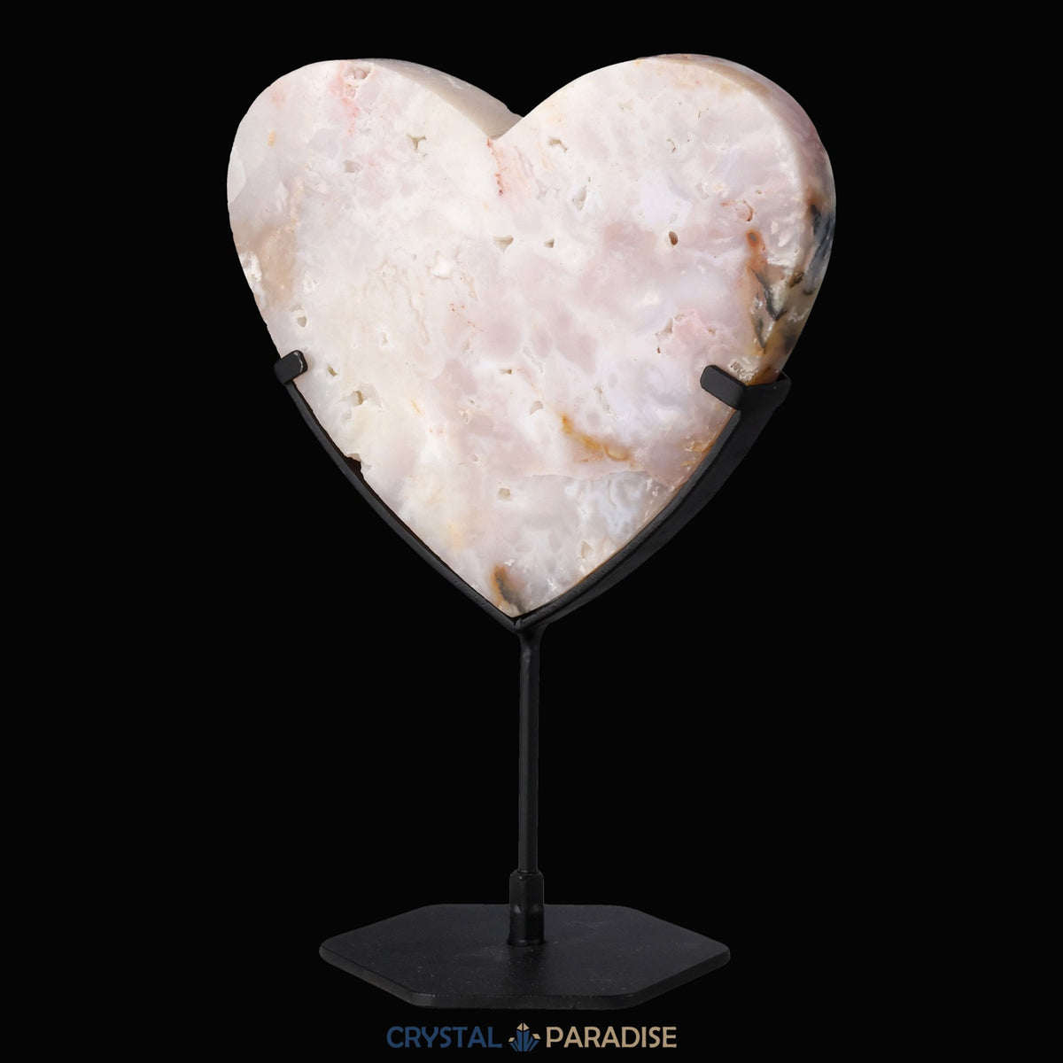 Herz auf schwarzem Standfuss aus Pink Plume Achat – Ansicht 9