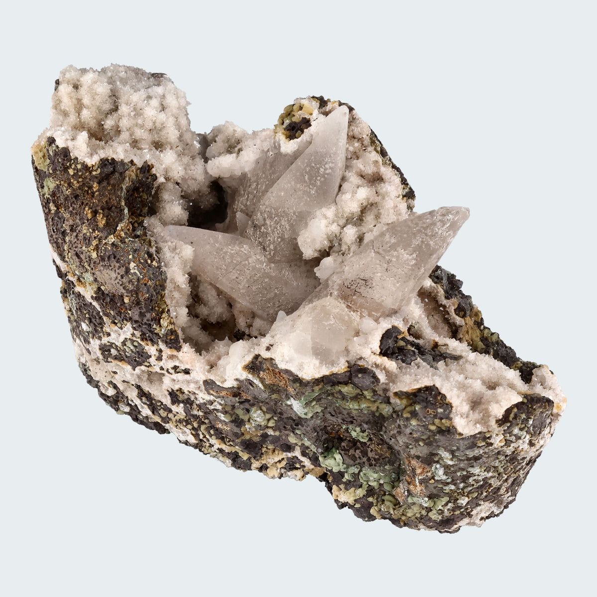 Quarz Handstufe mit Calcit, Spuren von Prehnit aus Hubei, China (317g) – Ansicht 2