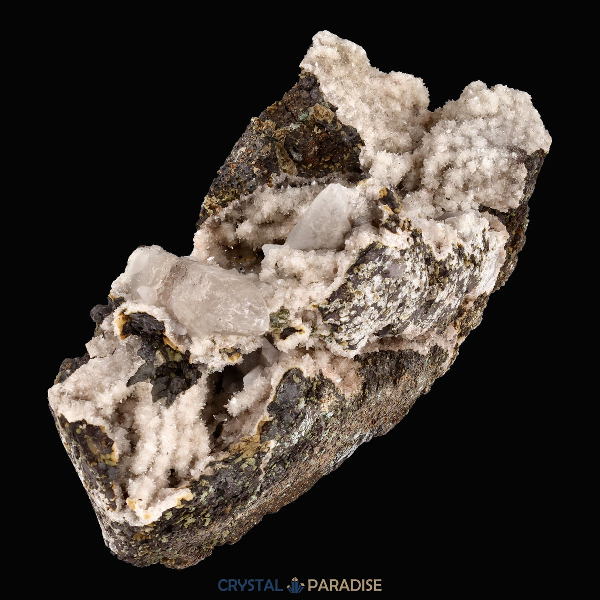 Quarz Handstufe mit Calcit, Spuren von Prehnit aus Hubei, China (317g) – Ansicht 8