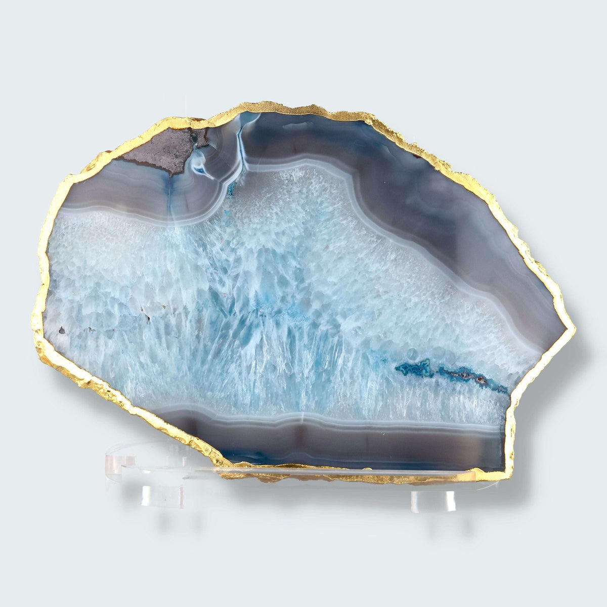Achatscheibe Blau Weiss mit elegantem Goldrand, ca. 25 cm – natürliche Maserung, dekoratives Unikat