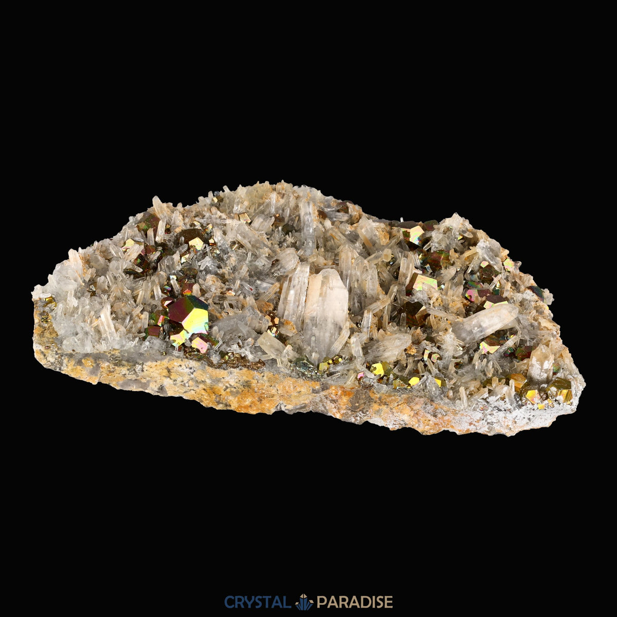 Regenbogen Pyrit an Bergkristall aus Indonesien (150g) - crystal paradise