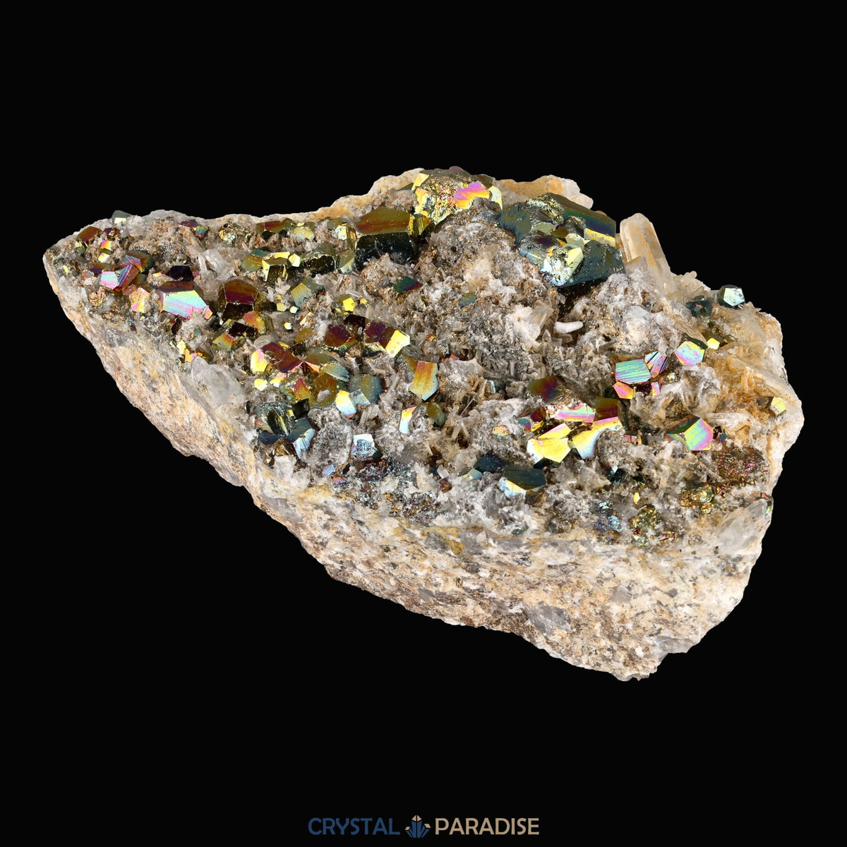Regenbogen Pyrit an Bergkristall aus Indonesien (638g) - crystal paradise