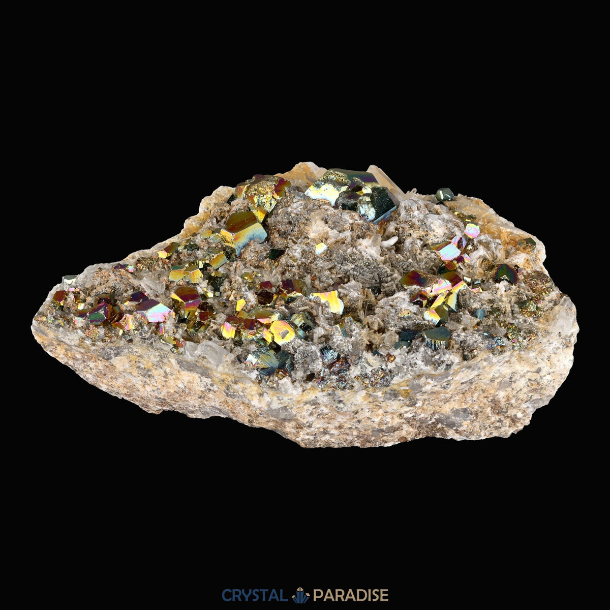 Regenbogen Pyrit an Bergkristall aus Indonesien (638g) - crystal paradise