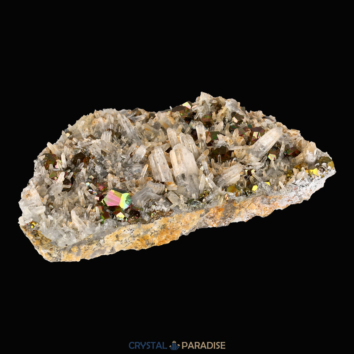Regenbogen Pyrit an Bergkristall aus Indonesien (150g) - crystal paradise