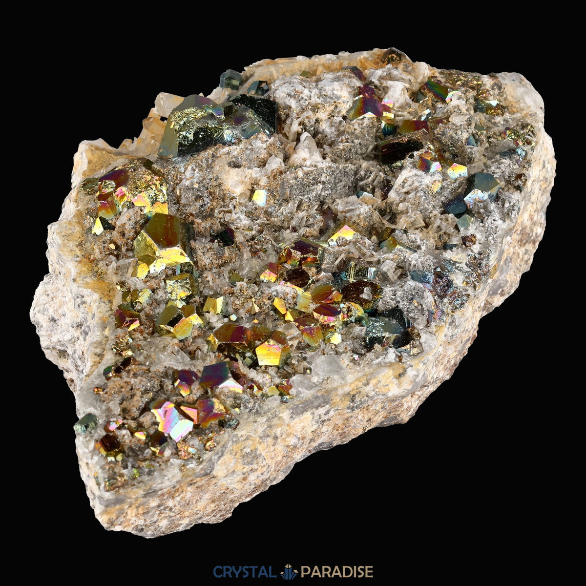 Regenbogen Pyrit an Bergkristall aus Indonesien (638g) - crystal paradise