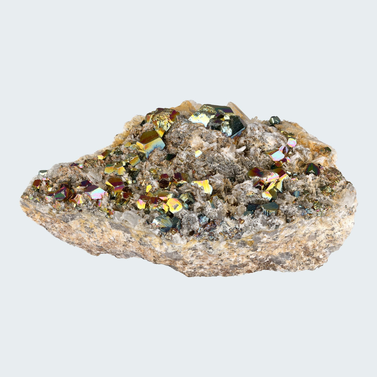 Regenbogen Pyrit an Bergkristall aus Indonesien (638g) - crystal paradise