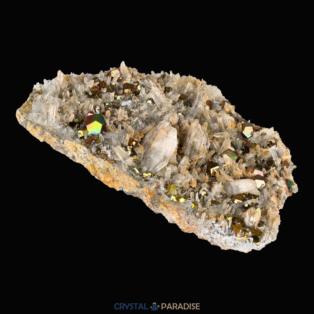 Regenbogen Pyrit an Bergkristall aus Indonesien (150g) - crystal paradise