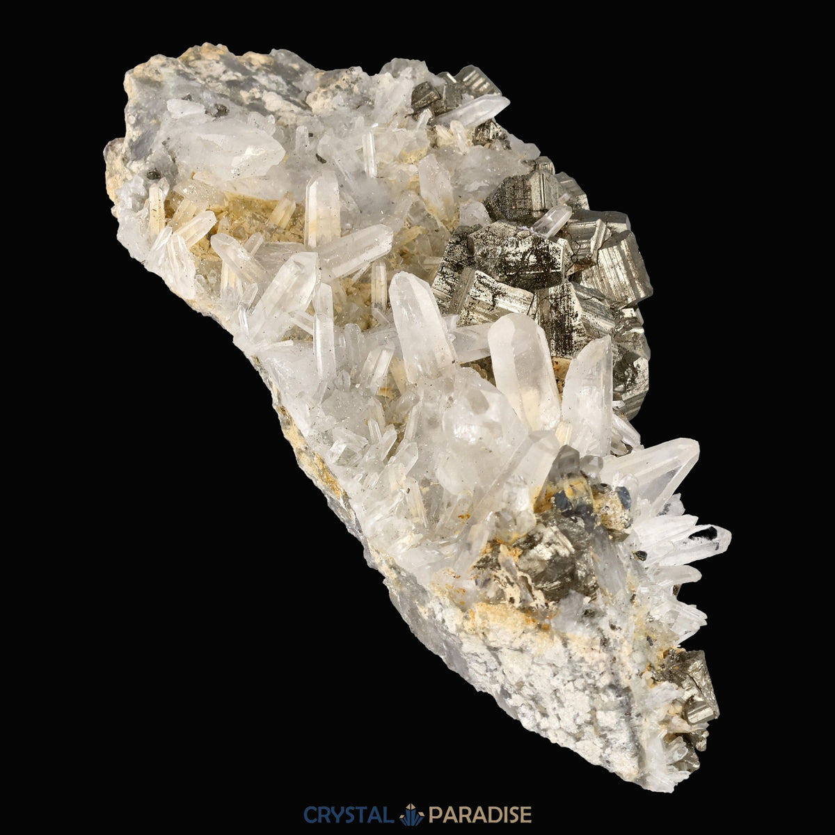 Pyrit an Bergkristall aus Indonesien (372g) - Handstufe - Schöne große Kristalle - crystal paradise
